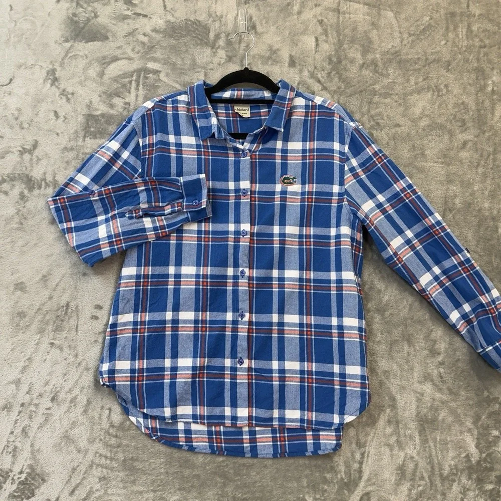 Florida Gators Monogram Flannel Shirt Orange‎ Blue Plaid Size Medium Long Sleeve